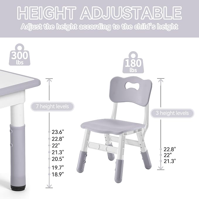 DOREROOM Adjustable Kids Table & 4 Chairs Set, 47.2" L x 23.6" W, Grey | Graffiti Desktop,Table Supports 300 lbs,Toddler Ages 2-8，FSC-certified, Children Activity Table for Daycare, Classroom, Home