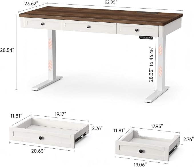 563 x 24 Inch Standing Desk with 3 Drawers,Electric Height Adjustable Desk | Sit to Stand up Desk with Storage & Outlets, for Computer Workstation, Home Office, Retro Curved Table Corner, Walnut