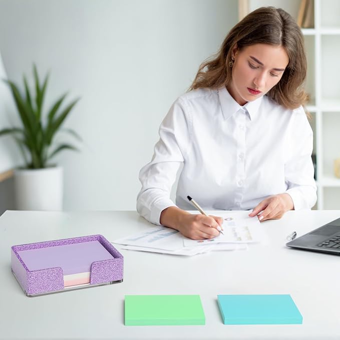 Sticky Note Holder, Glitter Purple Acrylic Notepad Holder 4x6 in Self-Stick Note Dispenser Office Desk Accessories, Memo Pad Holder Organizer for Classroom School Supplies