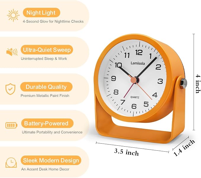 Lamisola 3.5 Inch Bathroom Clock, Small Alarm Clock for Bedroom, Orange | Battery Travel Desk Table Analog Clock for Kids Seniors Teens, Retro Cute Metal Home Decor Shelf Clock, Night Light Snooze