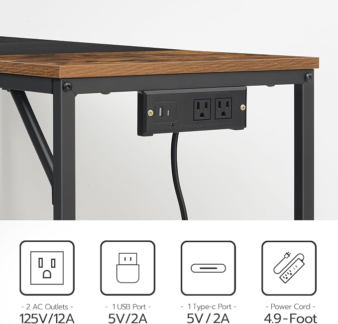 HOOBRO Computer Desk, Home Office Desk with Power Outlet, Modern Study Writing Desk with 3 Hooks for Study Room, Home Office, Sturdy and Stable, Easy to Assemble, Rustic Brown and Black BF41UDN01