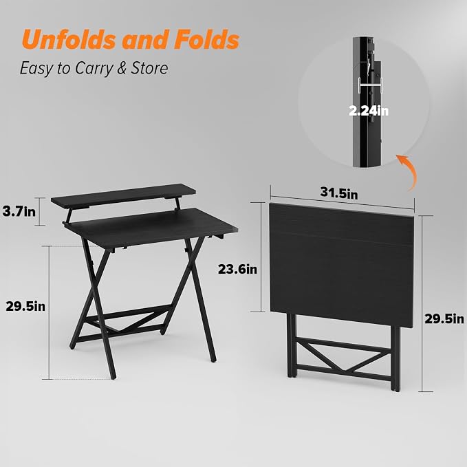 WOHOMO Folding Computer Desk with Adjustable Height, 23.6" x 31.5" x 25.6" Foldable Table with Monitor Stand, Small Office Desk for Bedroom, Space Saving Desk for Home Office, Easy Assemble, Black