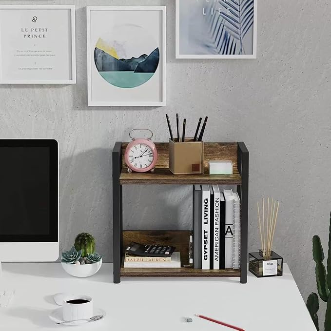 Office Desk Shelf Organizer, Wood Desktop Bookshelf Supplies Storage Rack, Shelf for Top of Desk and Dresser and Cubicle Decor Aesthetic Bookshelf (Black, Small 12.9" Lx6.3 Wx10.2 H)