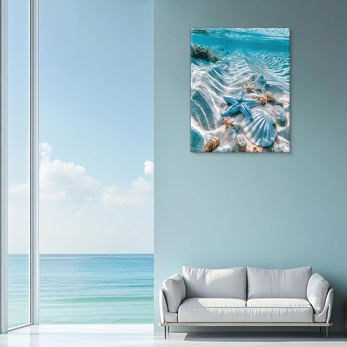 Coastal Beach Seashell Wall Art Decor Blue Ocean Starfish Painting Picture Artwork Seascape Aesthetic Wall Decor for Home Beach Room Bedroom 8x10 Canvas Framed