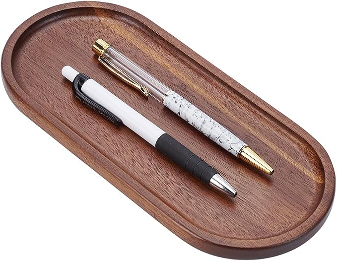 PLIGREAT Oval Wooden Pen Tray, Minimalist Brown Writing Instrument Rest Tea Coffee Table Tray for Office Desk Organizer Kitchen Tableware