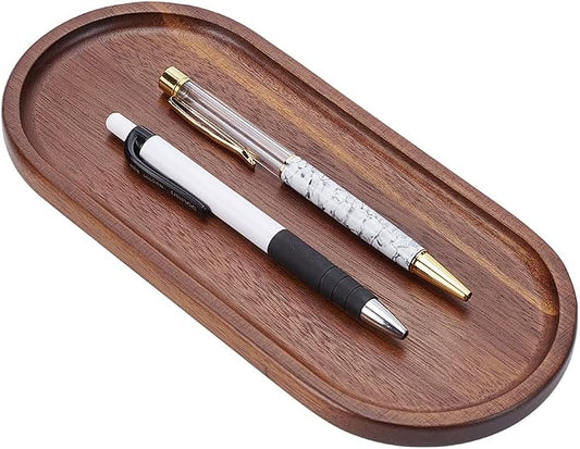 PLIGREAT Oval Wooden Pen Tray, Minimalist Brown Writing Instrument Rest Tea Coffee Table Tray for Office Desk Organizer Kitchen Tableware