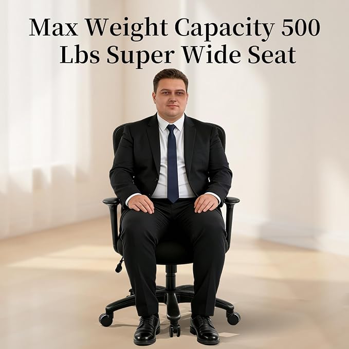 YFO Big and Tall Office Chair 500LBS - Computer Desk Chair with Adjustable Lumbar Support, Heavy Duty Ergonomic Mesh with 360 Rotation 2D Arm and Extra Wide Comfty Seat, Quiet Wheels for Adults, Black