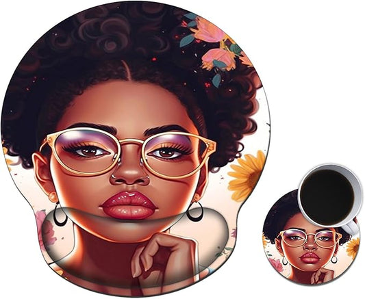 Mouse Pad with Wrist Support Gel, Ergonomic Mouse Pad with Comfortable Wrist Rest, Gaming Mousepad Non-Slip PU Base for Laptop Office Easy Typing & Pain Relief,African Sunflowers Girl