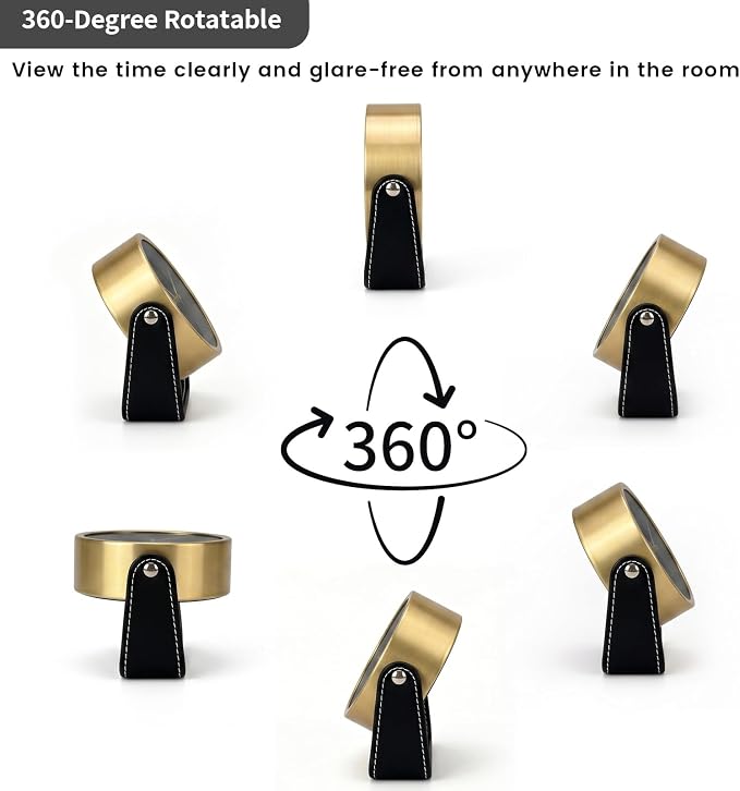 Analog Alarm Clock - 4.5" Silent Non Ticking Small Clock with Light, Rotatable Stand Metal Desk Clock Battery Operated, Simple Design for Living Room Decor/ Bedroom/Bedside/Shelf (Gold & Black)