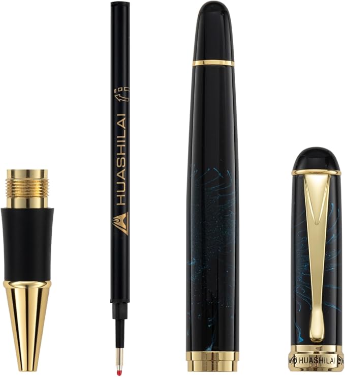 Luxury Metal Rollerball Pen Set – Stainless Steel Barrel, Cool Fine Point Pen with Gift Box & 2 Extra Refills – Premium Business & Signature Pens for Men & Women (Black with Blue Fireworks)