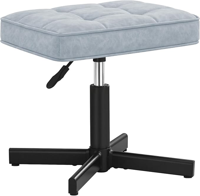 LUE BONA Adjustable Vanity Stool, 15''-19.5'' Foot Rest Under Desk, 360° Swivel Vanity Chair for Makeup Room, Blue Upholstered Faux Leather Ottoman for Bathroom & Living Room, 300lbs