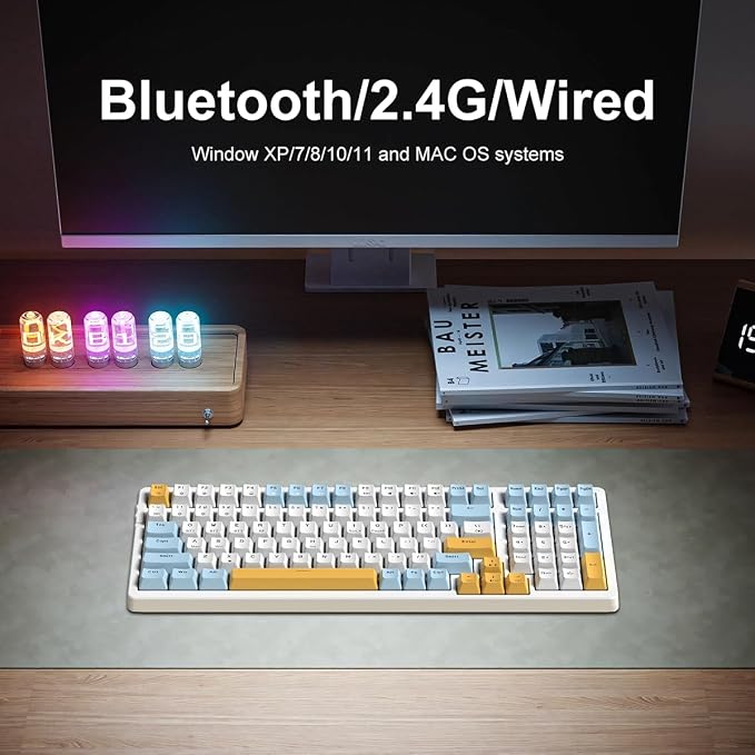 Merdia Wireless Mechanical Keyboard, Triple Mode 2.4G/USB-C/BT Gaming Keyboards 100 Keys Ice-Blue Backlit Brown Switch Keyboard | Rechargeable Mechanical Gaming Keyboards | Ice Blue/W/Y