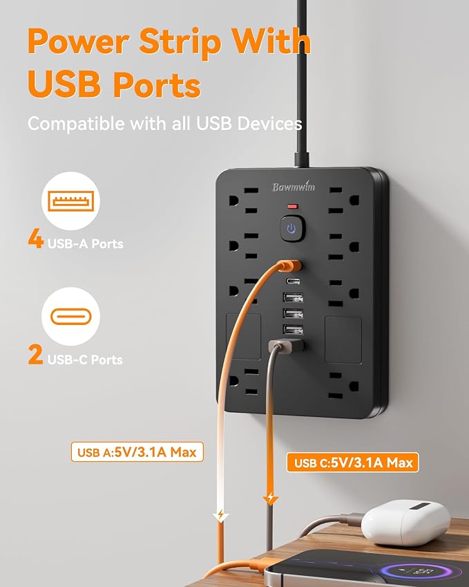 Surge Protector Power Strip - 11 Outlets(1850W/15A/14AWG) with 6 USB Ports(2 USB C), 6/10FT Flat Plug Extension Cord, Wall Mount, Black, ETL Listed for Home, Dorm Room