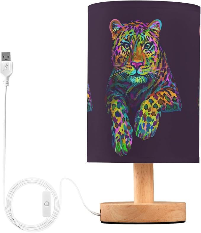 Table Lamp Multicolor Leopard Jaguar Neon Colorful Animal Nightstand Lamp with Wood Base Fabric Lamp Shade Bedside Desk Lamp for Living Room Bedroom Kids Room Office