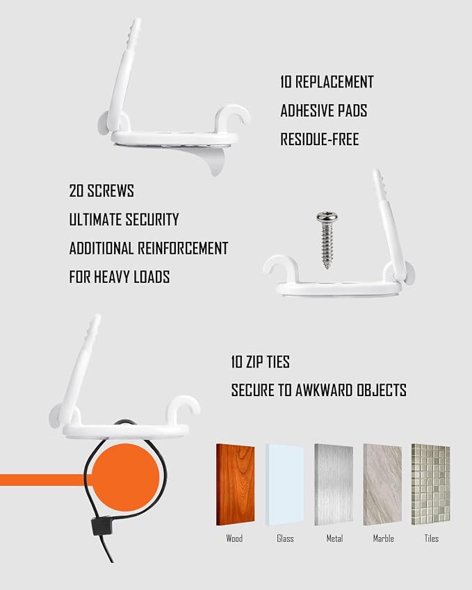 OneLeaf 10-Pack Adjustable Elastic Cable Clips, Cable Management, White | Self-Adhesive, Cord Organizer, For Office, Home, Car, Under Desk, Behind TV, Nightstand, For Charger, HDMI, PC, Decoration