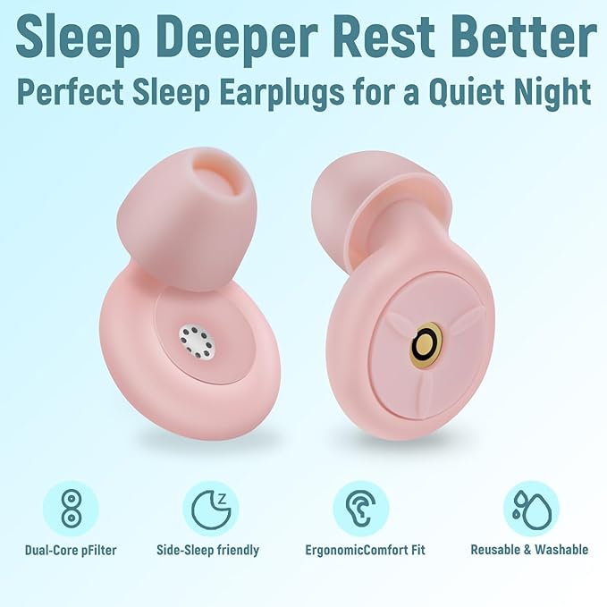 Ear Plugs for Sleeping Noise Cancelling, Dual-Core Filter, Reusable Hearing Protection – Up to 48dB Noise Reduction, Flexible Silicone – Ideal for Sleep, Focus, (Pink, One Size)