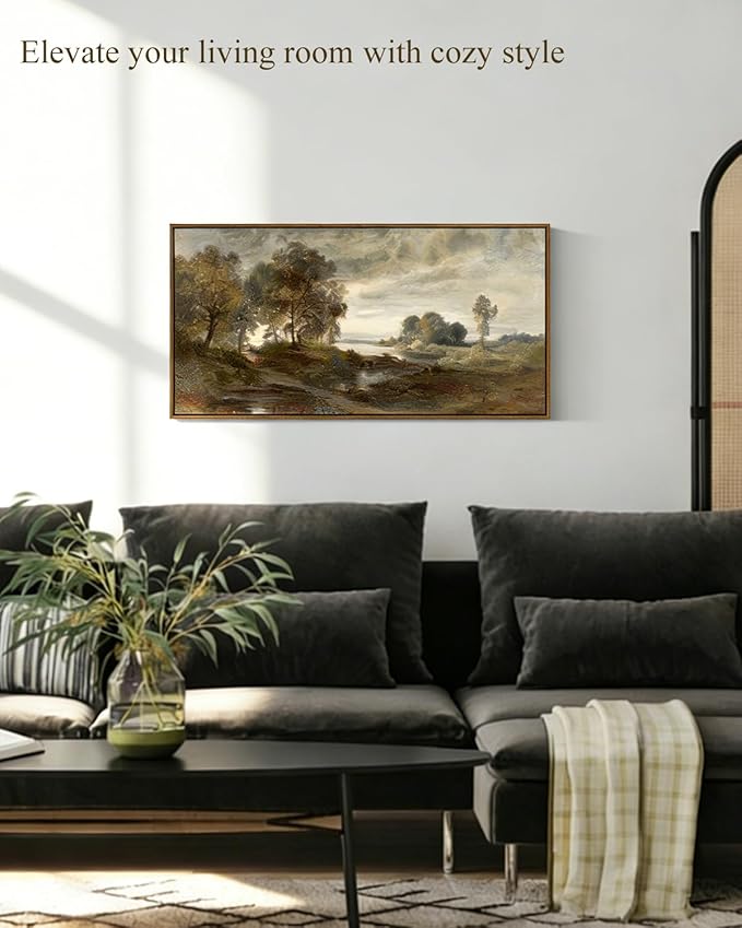 InSimSea Extra Large Framed Vintage Wall Art, Living Room Country Farmhouse Decor, Moody Summer River Landscape Canvas Prints, Retro Scenery Long Picture for Bedroom Above of Bed, 20x40inch