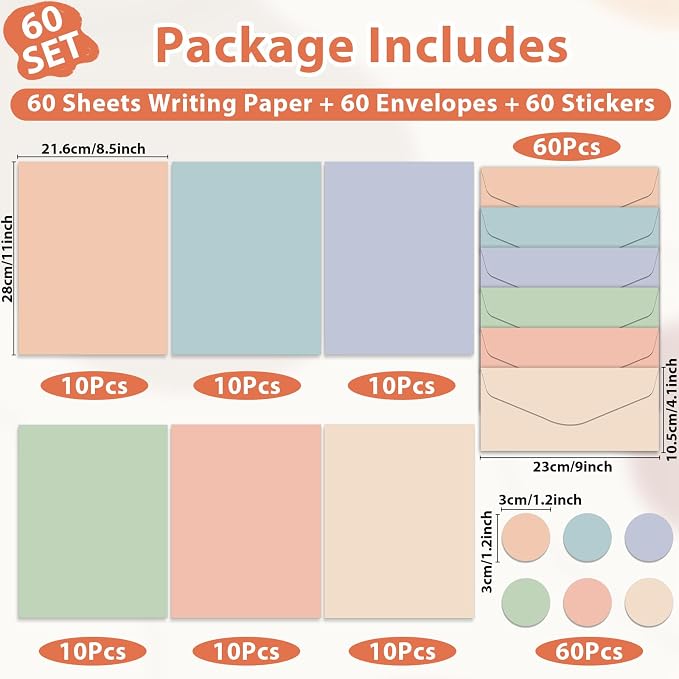 120 Pcs Manilla Stationary Letter and Envelopes Set Include 60 Pastel Computer Paper and 60 Envelopes Colored Stationery for Boho Letter Writing Printer Note Paper for Classroom School Office 8.5 x 11