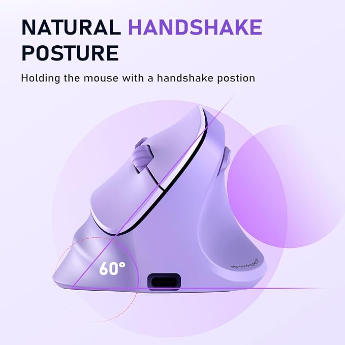 MEETION Ergonomic Mouse, Wireless Vertical Mouse RGB Backlit Rechargeable Mice for Bluetooth(5.2 + 3.0) & USB, 4 Adjustable DPI Compatible Mac/Windows/Andriod/PC/Tablet/iPad Purple