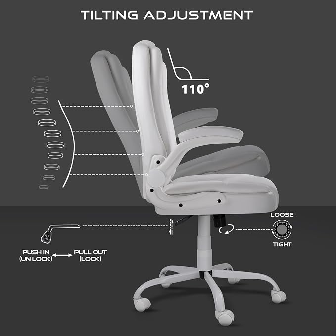 Ergonomic Office Chair with Flip-up Armrests, Big and Tall Leather Executive Office Chair, High Back Lumbar Support Home Computer Desk Chair, Heavy and Duty Computer Chair (White)