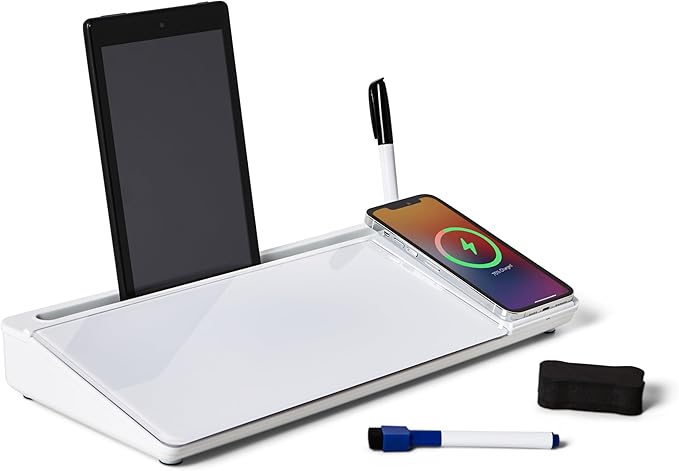 GAROOD Desktop Dry Erase Board with Storage Wireless Charger Desk White Board Desk Board Glass Desktop White Board with Stand Home Office Desk Organizer Phone Holder 15.8X7X2 inches