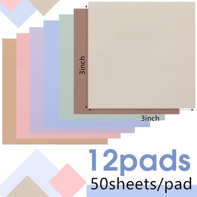 Thenshop 12 Pads Morandi Pastels Sticky Notes 3''x3'', Self Stick Notes Pads Morandi Pastels Office Supplies, Vintage Aesthetic School Accessories 50 Sheets/pad