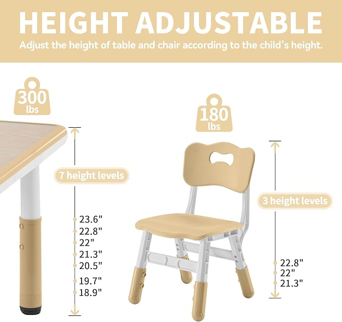 DOREROOM Adjustable Kids Table & 4 Chairs Set, 47.2" L x 23.6" W, Beige-W | Graffiti Desktop,Table Supports 300 lbs,Toddler Ages 2-8，FSC-certified, Children Activity Table for Daycare, Classroom, Home