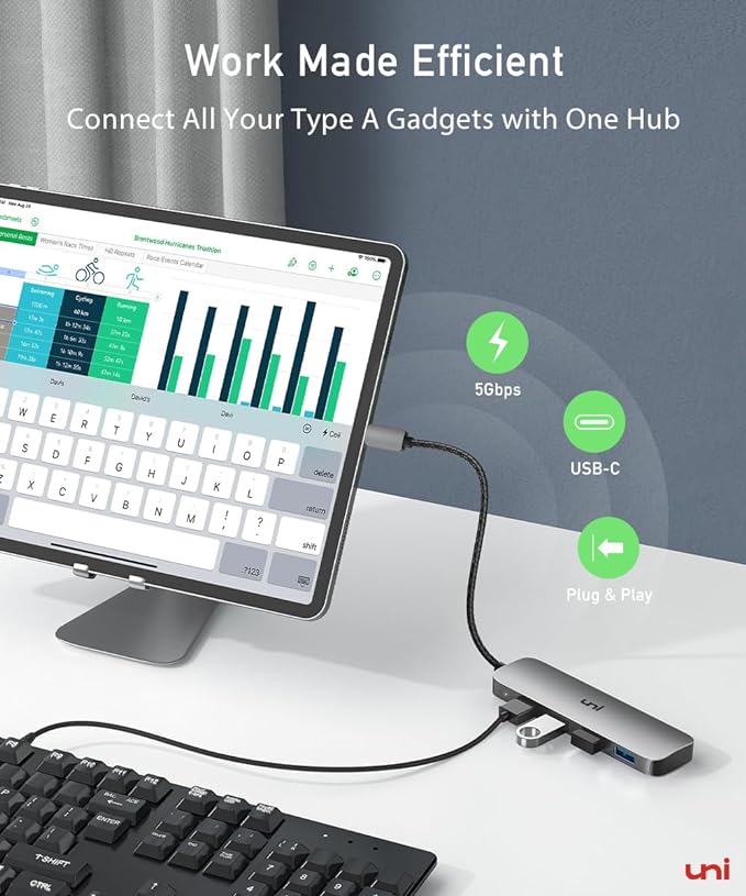 uni USB C to USB Hub Multiport Adapter, Aluminum 4 Ports USB C Splitter for Laptop, Slim Thunderbolt 3/4 Data USB Hub Compatible for MacBook Pro/Air, iPad Pro, Dell, Chromebook | Keyboard, Mouse, HDD