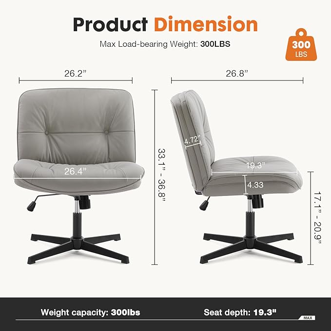 Sweetcrispy Criss Cross Chair, Wide Seat PU Leather Armless Office Desk Vanity Chair, Comfortable Adjustable Swivel Computer Task Chairs for Bedroom, Small Space Make Up, Grey