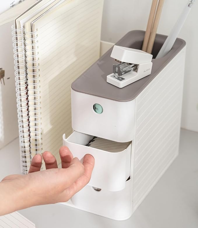 White Plastic Desktop Organizer with File slots,3-tier Drawers with Pen Holder,Book Stand for Office Supplies and Desk Accessories (White+Grey)