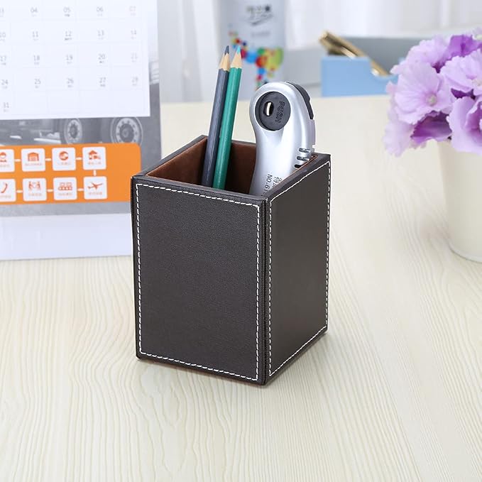 PU Leather Square Pens Pencils Holder Cup Desktop Stationery Organizer Case Office Accessories Container Box Brown