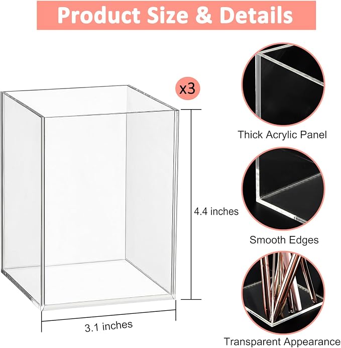 Mototo 3 Clear Acrylic Pen Holder Square Pencil Cup Office Desk Organizer | Toothbrush Utensil Holder Marker Makeup Brush Organizer Pencil Box Coffee Stirrers Storage Container for Classroom Counter