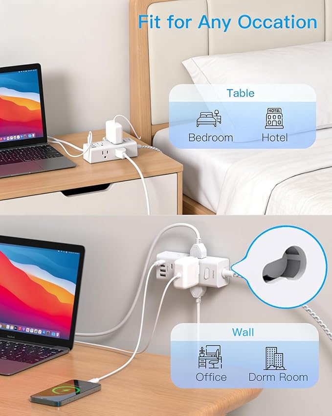 Flat Plug Extension Cord 6 Ft, One Beat 6 Feet Surge Protector Power Strip with 6 Widely Outlets 4 USB Ports (2 USB C), 3 Way Wall Outlet Extender Extension Cord for Home Office College Dorm Room