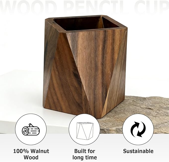 Pen Holder for Desk - Black Walnut Wooden Pen Organizer, Prismatic Shape Writing Stationary Organizer for Multiple-Use Office and School Supplies Storage