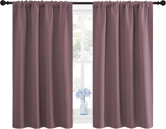 NICETOWN Blackout Curtains for Bedroom, Home Decorations Thermal Insulated Solid Rod Pocket Blackout Drapes for Cafe (Dry Rose, One Pair, 42 x 45-inch)