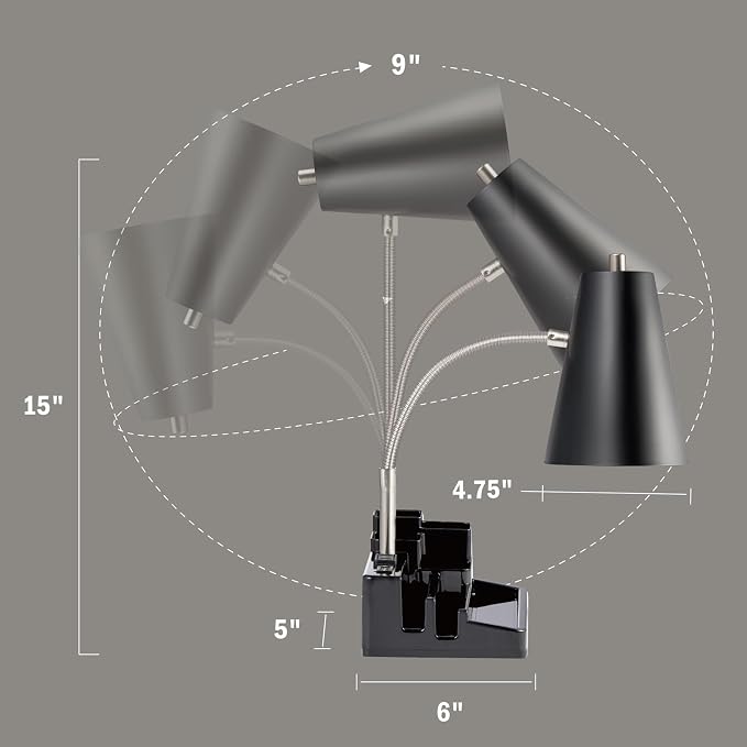 Small Desk Lamps for Home Office, Table Lamp with USB Port and Outlet, Desktop Lamp with Pen Holder, Flexible Neck Desk Lamp, Black Table Lamp for Reading Study