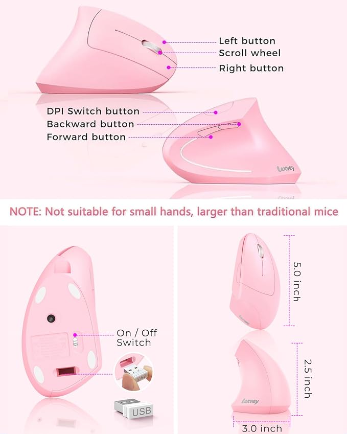 Lekvey Ergonomic Mouse, Vertical Wireless Mouse, Rechargeable 2.4 GHz USB Optical Carpal Tunnel Mice : 800/1200 / 1600 DPI, 6 Buttons, for Laptop, PC, Mac, Computer, Desktop, Notebook etc, Pink