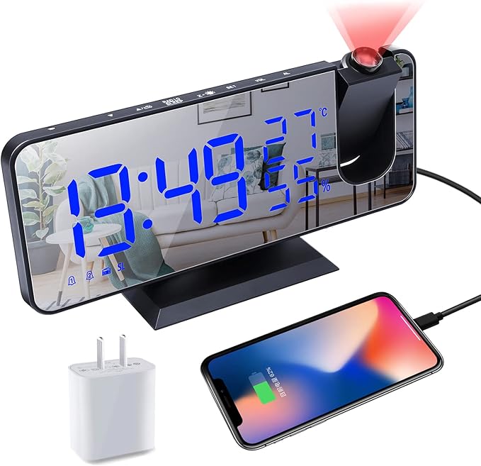 Projection Digital Alarm Clock for Bedrooms,Alarm Clock Radio on Ceiling, | USB Charger Port, Temperature & Humidity Display, 7.3” Large Mirror LED Display,12/24H,Snooze,Dual Loud Clock- 4 Dimmer