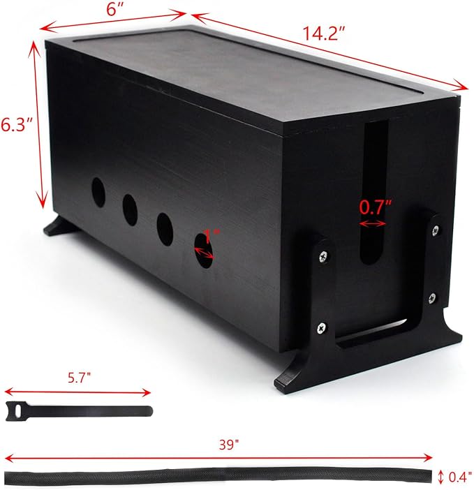 Large Wood Cable Management Box, Black Cord Organizer 14.2" | Hides power strips & TV wires, 14.2x6x6.3 inches,Ideal for home & office organization