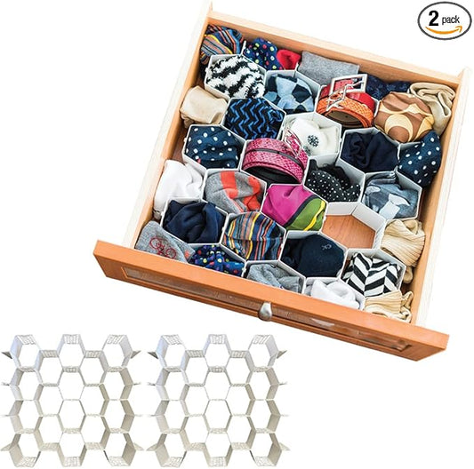 Evelots Honeycomb Drawer Organizer - Set of 2, 56 Slots, Easy Snap-Together Assembly, Adjustable & Durable Plastic Dividers, Perfect for Socks, Underwear, Ties, Accessories, and More - Customizable S