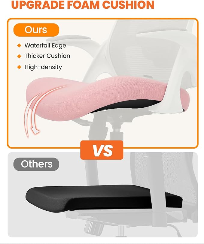 NEO CHAIR Office Chair High Back Desk Mesh Chair Comfy Computer Gaming Seat with Adjustable Ergonomic Headrest Lumbar Rolling Flip-up Armrests and Wheels (Pink)