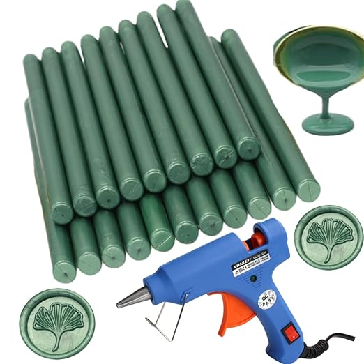 Wax Seal Gun Kit Sealing Wax Sticks 20P with Glue Gun，Wax Seal Kit, Atopbb Pine Green 20Pcs Sealing Wax Sticks with Glue Gun Great for Wax Seal Stampfor Wedding Invitations Seal Wax Stick （Pine Green)
