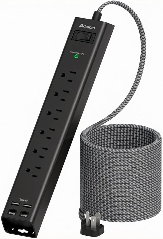 Addtam Power Strip Surge Protector with 6 Outlets and 4 USB Ports (2 USB-C), 6FT Braided Extension Cord, Flat Plug Power Strip with On/Off Switch, Wall Mount Charging Station for Home Office Dorm Room
