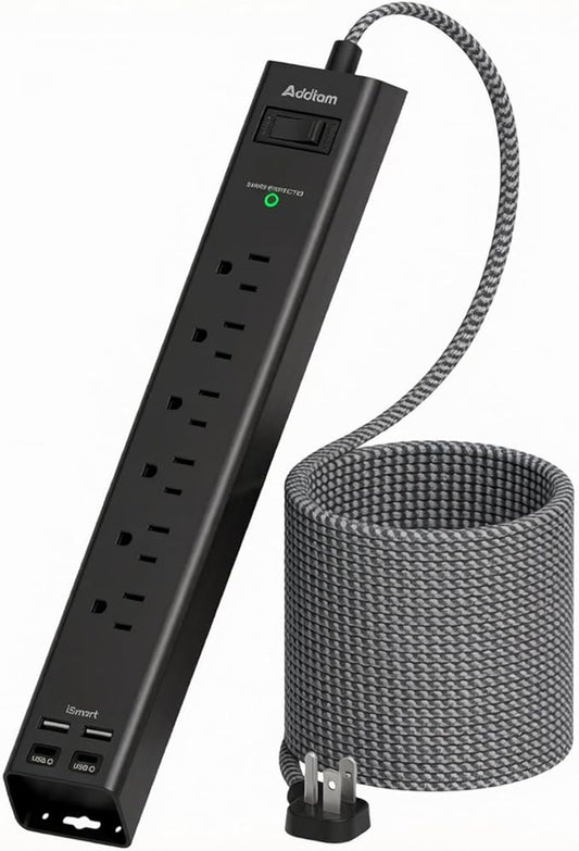 Addtam Power Strip Surge Protector with 6 Outlets and 4 USB Ports (2 USB-C), 6FT Braided Extension Cord, Flat Plug Power Strip with On/Off Switch, Wall Mount Charging Station for Home Office Dorm Room