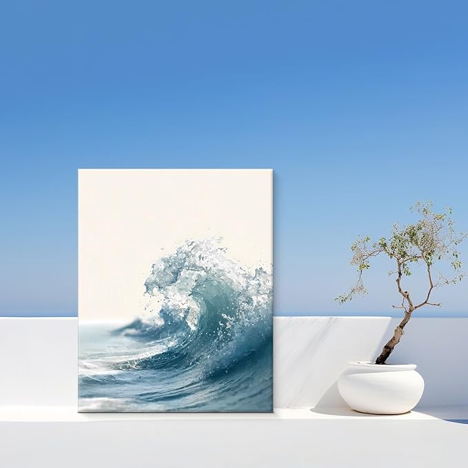 Coastal Ocean Wave Wall Art Decor Beach Sea Wave Painting Picture Artwork Blue Ocean Wall Decor for Home Beach Room Bedroom 8x10 Canvas Framed
