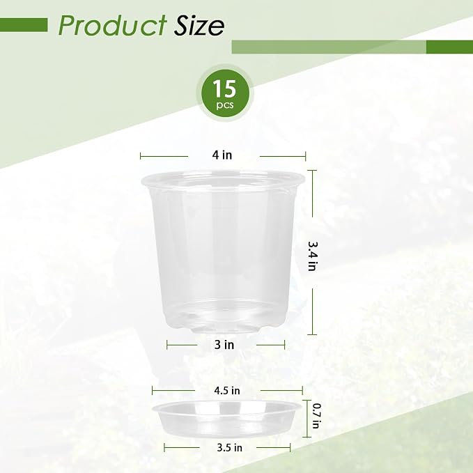 FUIJOL 4 Inch Clear Nursery Pots for Plants with Sacuers 15 Pack, Plastic Flower Pots with Drainage Holes, Variety Pack Seedlings Garden Pot for Indoor Outdoor (4 inch)