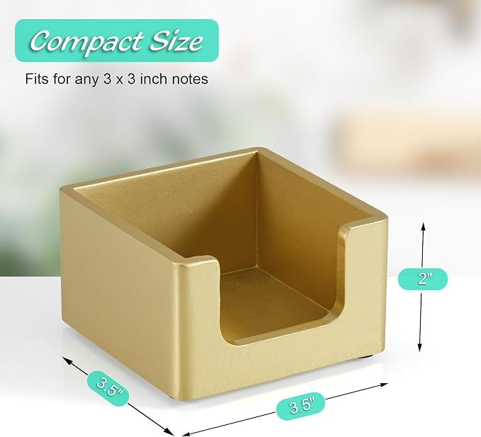 Wood Sticky Note Holder, 3 x 3 Inch Post It Note Dispenser for Office Desk Accessories, Self Stick Note Pad Holder, Memo Pad Holder Dispenser Organizer for School Office Desk Supplies, Gold