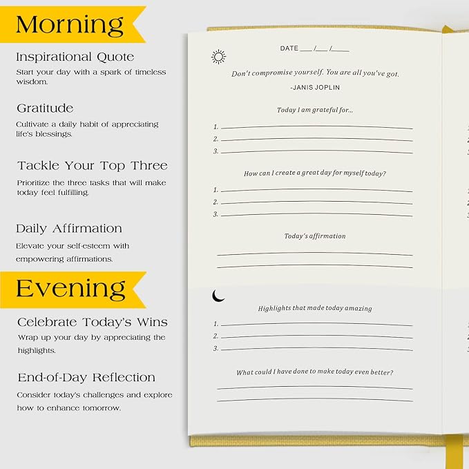 The Original Gratitude Journal with Inspiring Prompts & Quotes for Mindfulness, Reflection & Personal Growth - Daily Wellness Journal for Men & Women - Luxurious Linen Yellow Cover