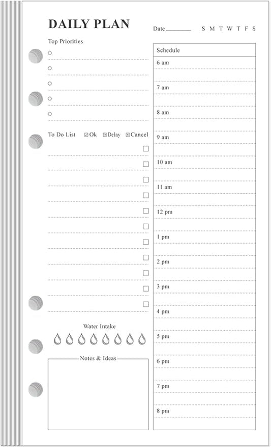 A6 Undated Daily Planner Refill - To Do List for Filofax Personal Binders, 80 Sheets/160 Pages Planner and Lined Refill, 6-Hole Punched, 3.75" x 6.75"