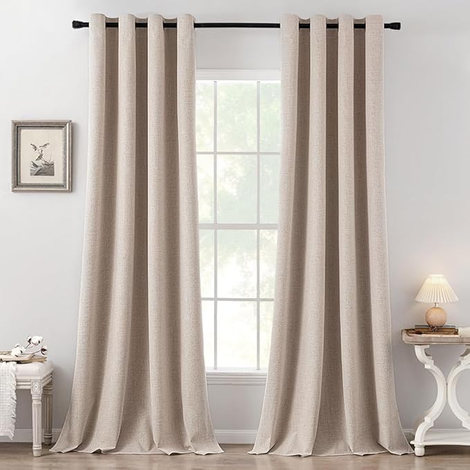 MIULEE 100% Blackout Linen Textured Curtains for Bedroom 104 Inches Extra Long Thermal Insulated Natural Beige Grommet Room Darkening Curtains & Drapes Luxury for Living Room (2 Panels)